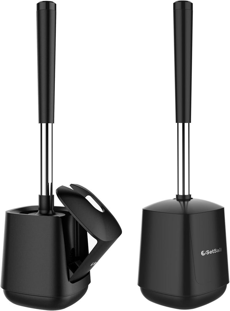 SetSail Toilet Brush and Holder, Self Closing Lid Toilet Bowl Brushes Holder and Extra Long Handle Ventilated Toilet Brush Set for Bathroom Cleaning, Nylon Bristles, 2 Packs-Black - Image 1